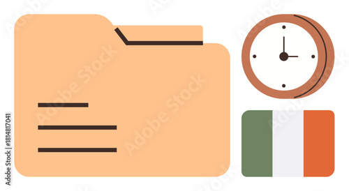 Open file folder, wall clock, and Irish flag emphasizing document organization, time tracking, and cultural context. Ideal for office work, time management, scheduling, national identity project