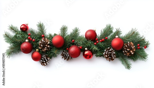 Festive Holiday Decoration With Red Ornaments, Pinecones, and Evergreen Branc...