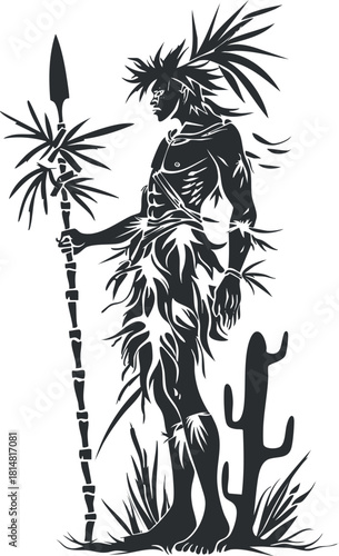 Silhouette vector illustration of a tribal warrior holding a spear surrounded by tropical plants for cultural and design projects