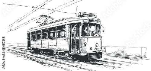 Detailed black and white vector illustration of a vintage tram, ideal for transportation-themed design projects and urban art.