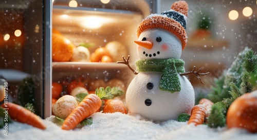 Cute Snowman Wearing a Cozy Hat With Snow and Vegetables in a Festive Winter ...