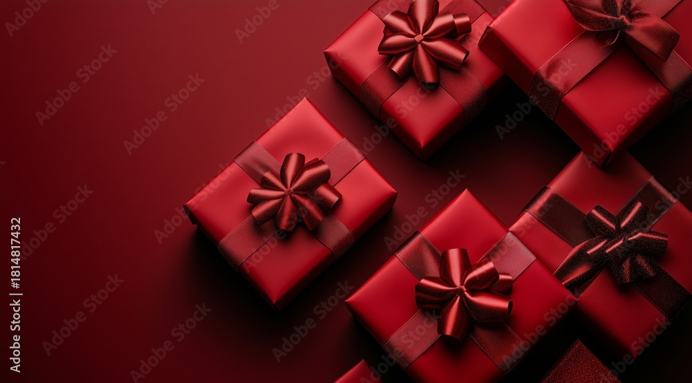 Fototapeta premium Beautiful Red Gift Boxes Arranged on Dark Background for Special Occasions