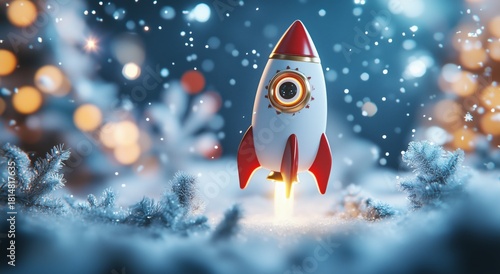 Holiday-themed Rocket in Winter Wonderland With Sparkling Snowflakes and Fest...