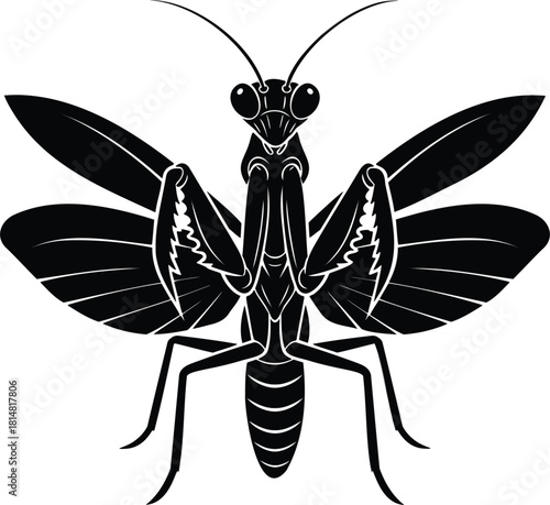 Black silhouette of a praying mantis with spread wings on white background insect black and white