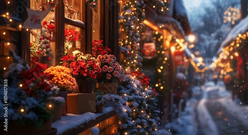 Winter Scene With Festive Decorations and Flowers in a Cozy Town Street Durin...