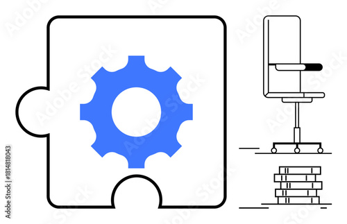 Gear puzzle piece beside modern office chair and stacked papers represents teamwork, productivity, efficiency, collaboration, system integration, work-life balance, and minimalist approach. Simple