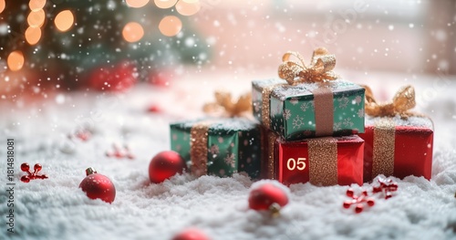 Colorful Wrapped Gifts on a Snowy Surface During the Festive Winter Season
