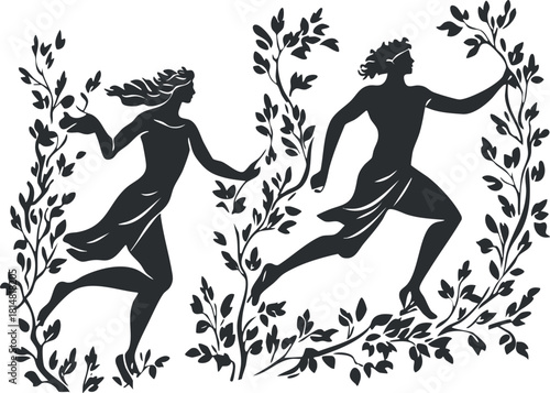 Stylized silhouette vector illustration of two women dancing among flowing leaves, perfect for nature-themed design projects.