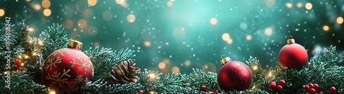 Holiday Decorations With Red and Gold Ornaments on a Snowy Night Scene