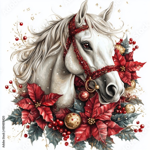 Elegant White Horse Adorned With Holiday Decorations in a Festive Setting