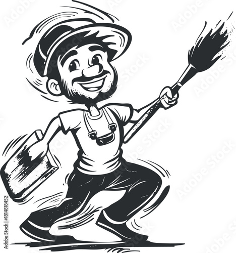 Playful black and white vector illustration of a cheerful worker holding a paintbrush and a palette, perfect for art and design themes