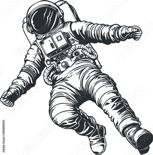 Detailed black and white vector illustration of an astronaut floating in space, ideal for science and exploration themes