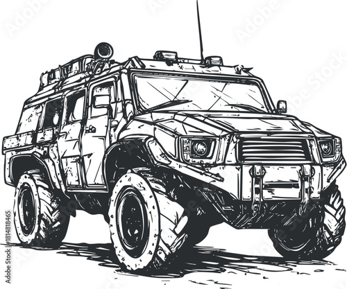 Detailed black and white vector illustration of a rugged military-style off-road vehicle designed for tough terrains and expeditions