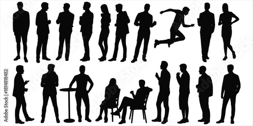 Diverse group of black human silhouettes in various poses and clothing people woman