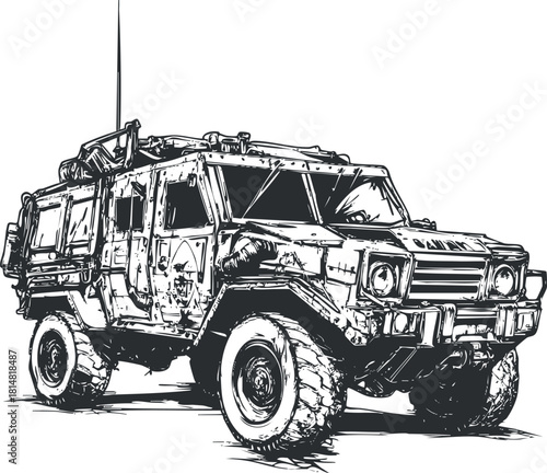 Detailed black and white vector illustration of an armored military vehicle featuring a rugged design for tactical operations