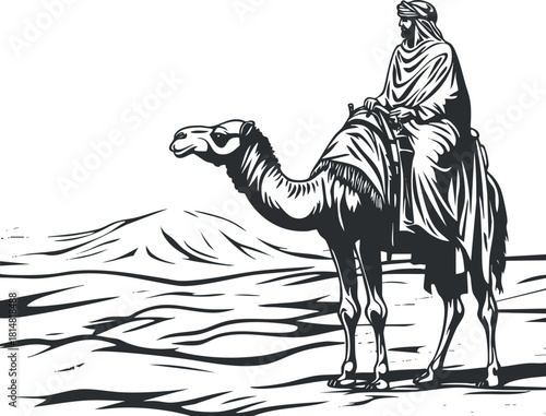 Stylized black and white vector illustration of a camel and rider in a desert landscape, ideal for travel and cultural themes