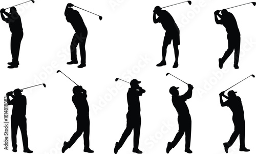 Black silhouettes of golfers swinging clubs in various poses on white background vector