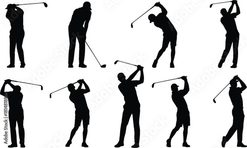 Black silhouettes of golfers in various poses on white background vector