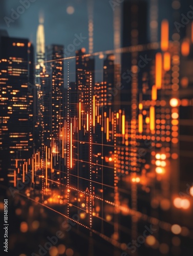 City Skyline With Financial Data Visualization Illuminated by Evening Lights in a Modern Urban Environment
