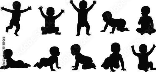 Collection of black baby silhouettes in various crawling and playful poses white child