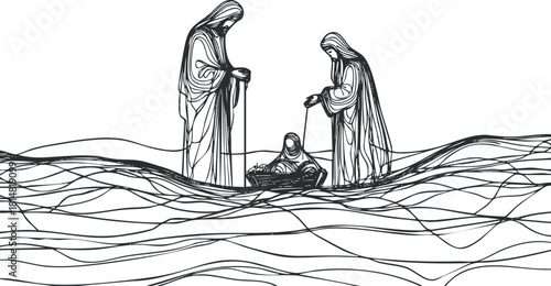 Minimalist line art illustration depicting a religious scene with figures in waves, suitable for faith-based designs or storytelling.