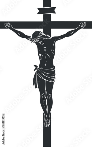 Minimalist black and white vector illustration of Jesus on the cross, symbolizing sacrifice and faith in Christianity.