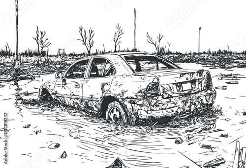 Detailed black and white vector illustration of an abandoned car submerged in floodwaters, showcasing a post-apocalyptic landscape.