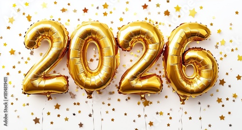 Bright Gold Balloons Celebrate the New Year of 2026 With Shimmering Stars in ...