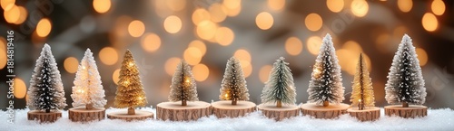 Miniature Christmas Trees on Wood Slices With Warm Glowing Lights in a Festiv...