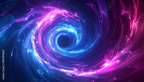 Luminous spiral galaxy portal glowing with vibrant blue and magenta light against a dark cosmic background, an abstract representation of a wormhole