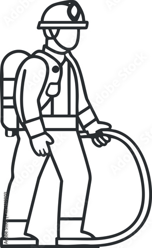 Outline vector illustration of a firefighter holding a fire hose, symbolizing courage and emergency response for safety design projects