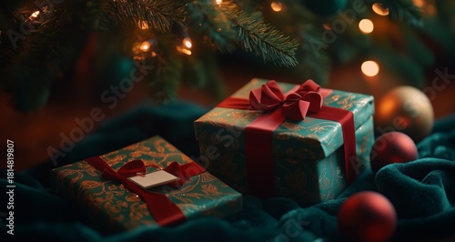 Beautifully Wrapped Christmas Gifts Under a Decorated Tree With Soft Lights i...