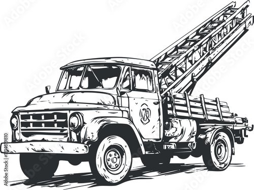 Vintage black and white vector illustration of a fire truck with a ladder for emergency services and design projects