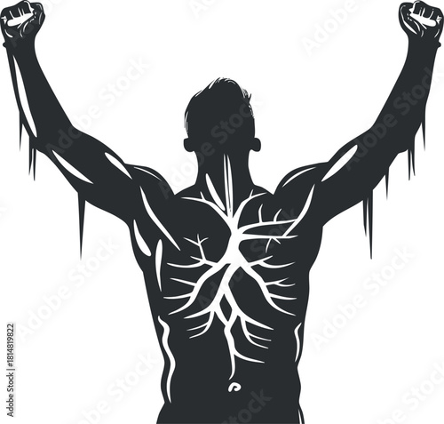 Dynamic silhouette vector illustration of a muscular man celebrating victory with raised arms, symbolizing strength and determination.