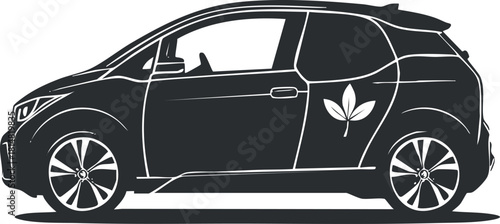 Stylish side view vector illustration of an electric car featuring a leaf symbol, ideal for eco-friendly transportation concepts
