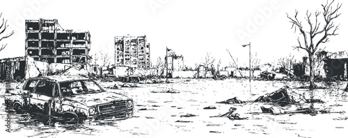 Detailed black and white vector illustration of a post-apocalyptic urban landscape featuring abandoned buildings and a wrecked car