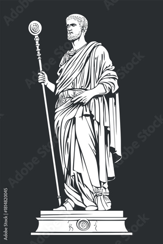 Elegant vector illustration of an ancient Roman statue depicting a dignified figure holding a staff, ideal for historical themes.