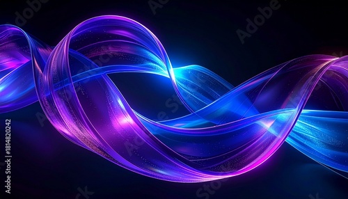 Dynamic digital illustration of an abstract energy flow, featuring luminous blue and purple light trails and waves on a dark background