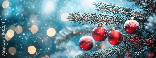 Festive Christmas Tree With Red Ornaments and Snow in a Winter Wonderland Set...
