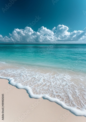 Calm Ocean Waves Gently Lap the Sandy Beach Under a Clear Blue Sky With Fluff...