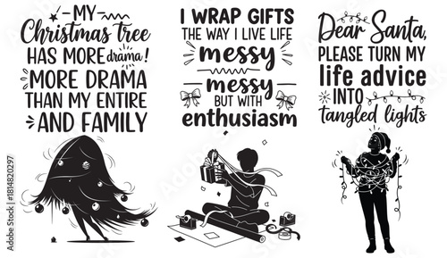 Christmas tree drama messy gifts tangled lights holiday sayings vector