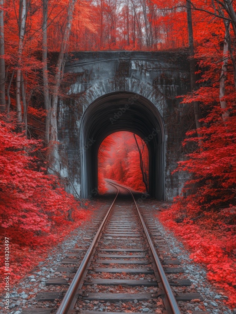 Fototapeta premium Red Leaves Frame a Serene Railway Tunnel Surrounded by Autumn Trees in a Peaceful Forest Setting