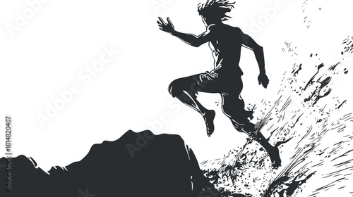 Dynamic silhouette vector illustration of an athlete jumping off a cliff, capturing energy and movement for adventure and outdoor themes