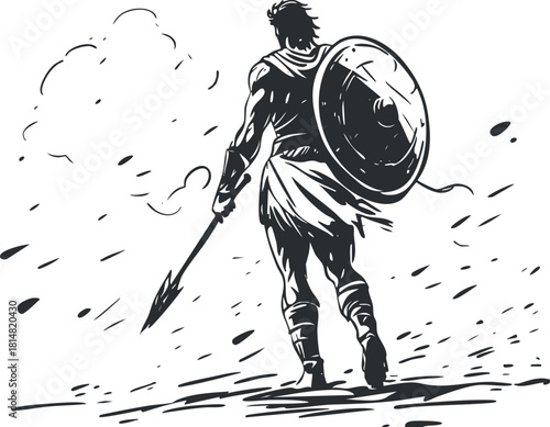 Dynamic monochrome vector illustration of a warrior with a spear and shield, symbolizing bravery and strength in battle
