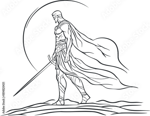 Outline vector illustration of a heroic warrior with a sword and flowing cape, suitable for fantasy and mythology themes