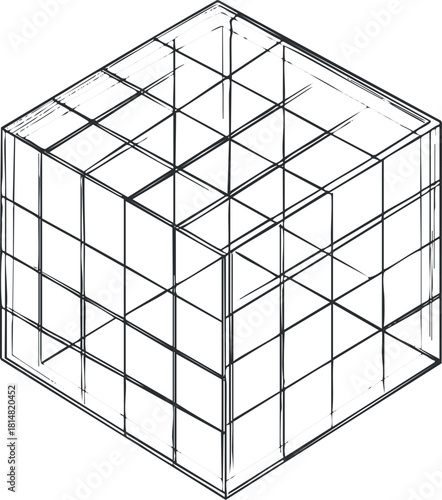 Geometric outline vector illustration of a 3D cube structure featuring a grid design for architectural and mathematical concepts