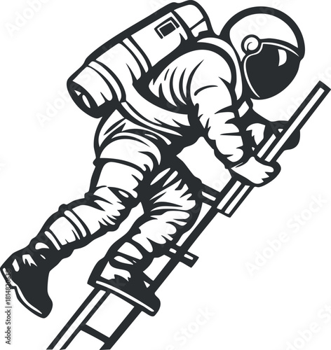 Dynamic black and white vector illustration of an astronaut climbing a ladder, ideal for space exploration themes and educational materials