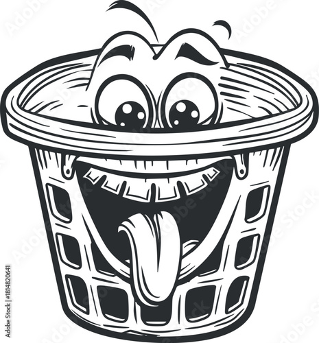 Playful cartoon vector illustration of a smiling laundry basket character with a tongue sticking out, perfect for humorous design projects