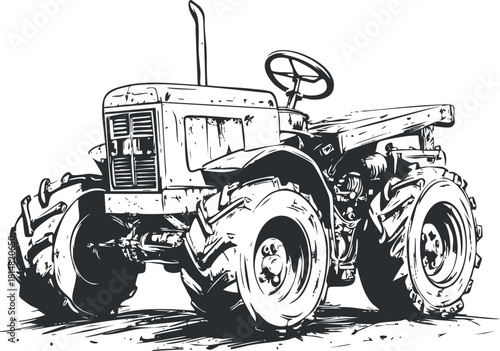 Vintage black and white vector illustration of a tractor, ideal for agricultural branding and design projects