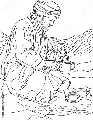 Line art illustration of a man pouring tea in a traditional setting, ideal for cultural and lifestyle themes.